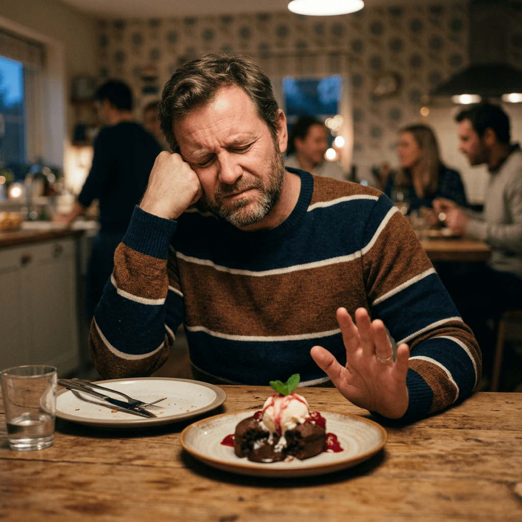 Man resisting temptation to eat dessert